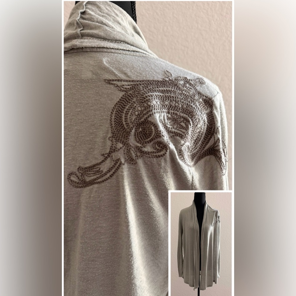 Papaya Gray Cotton Long Open Cardigan Paisley Embroidered Boho Chic